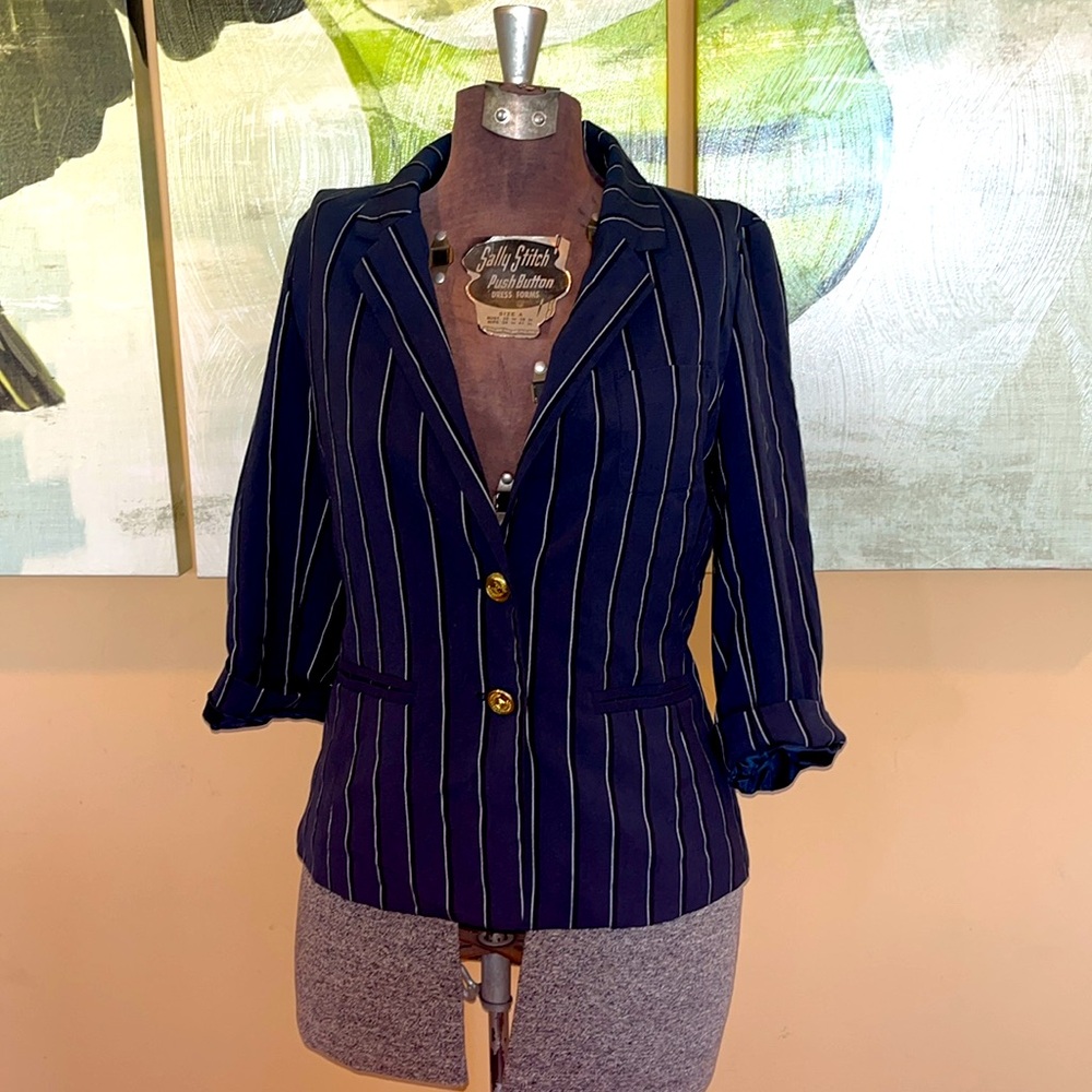 BP Nordstrom brass plum navy blue & white pinstriped blazer jacket crop sleeve